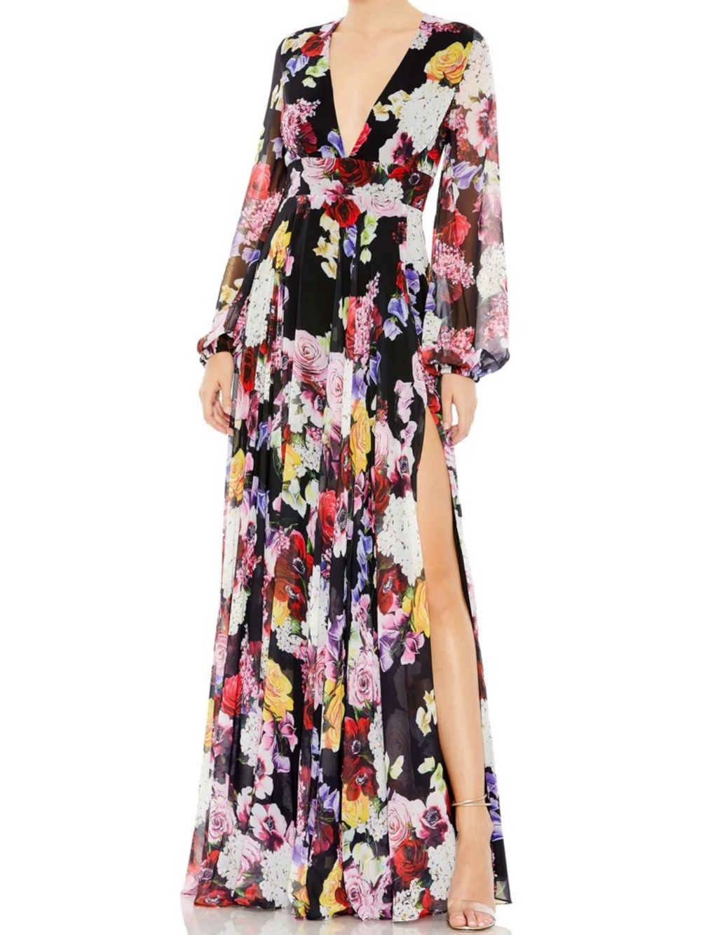 Mac Duggal 55660 Floral Maxi Dress High Slit Formal Bridesmaid Prom Black Tie